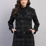 Women Black Check Collar Full Sleeve Coat