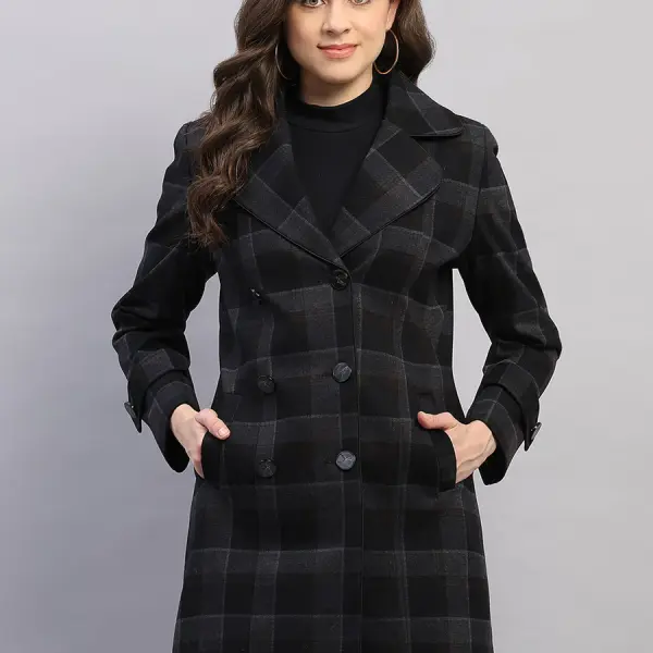 Women Black Check Collar Full Sleeve Coat