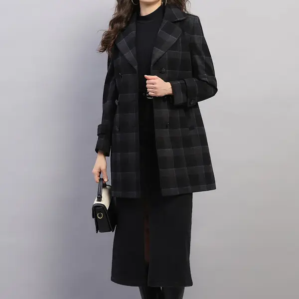 Women Black Check Collar Full Sleeve Coat