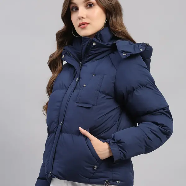 Women Blue Solid Hooded Full Sleeve Jacket