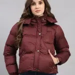 Women Burgundy Solid Hooded Full Sleeve Jacket