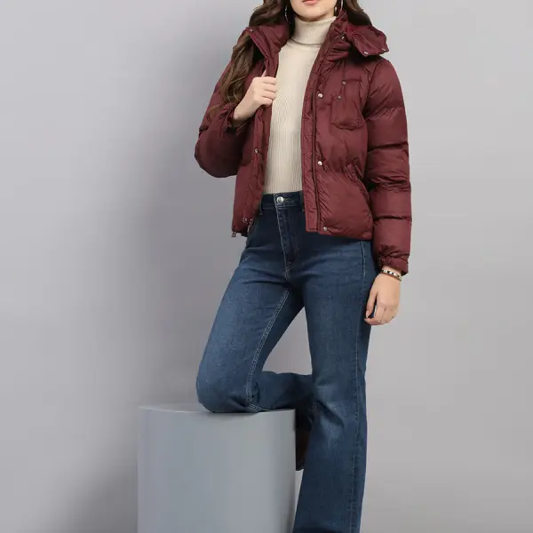 Women Burgundy Solid Hooded Full Sleeve Jacket