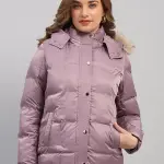 Women Mauve Self Design Hooded Full Sleeve Jacket