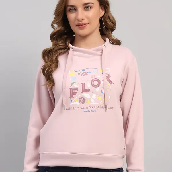 Women Pink Printed Turtle Neck Full Sleeve Sweatshirt