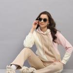 Women Beige Printed Hooded Full Sleeve Winter Tracksuit