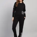 Women Black Printed Round Neck Full Sleeve Cords Set