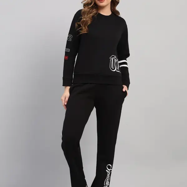 Women Black Printed Round Neck Full Sleeve Cords Set