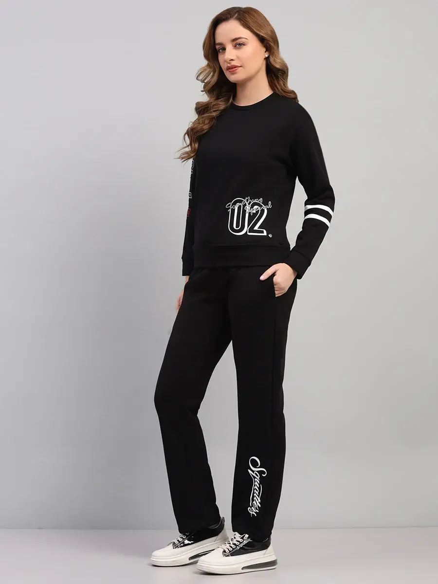 Women Black Printed Round Neck Full Sleeve Cords Set