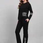 Women Black Printed Round Neck Full Sleeve Cords Set