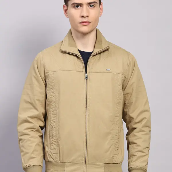 Men Khaki Solid Collar Full Sleeve Jacket