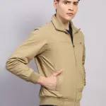 Men Khaki Solid Collar Full Sleeve Jacket