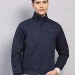 Men Navy Blue Solid Collar Full Sleeve Jacket