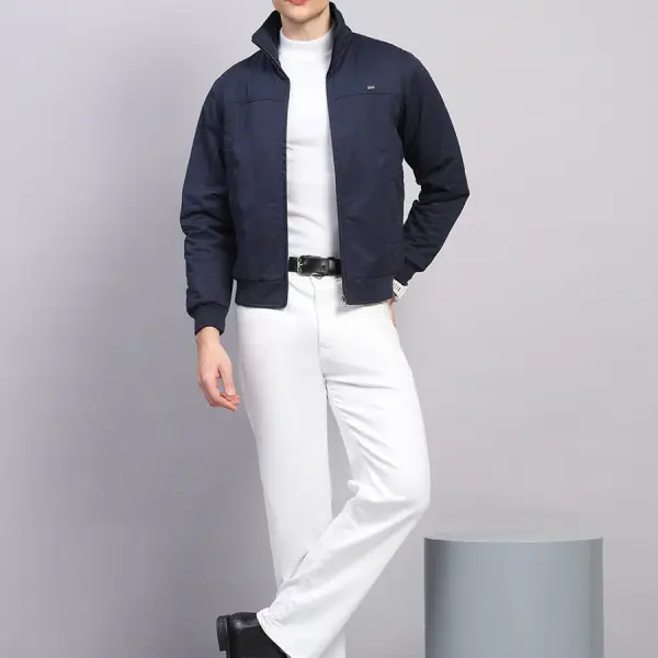 Men Navy Blue Solid Collar Full Sleeve Jacket