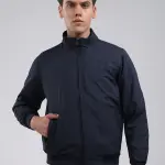 Men Navy Blue Solid Stand Collar Full Sleeve Jacket