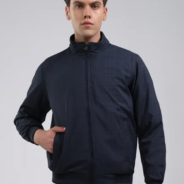 Men Navy Blue Solid Stand Collar Full Sleeve Jacket