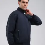 Men Navy Blue Solid Stand Collar Full Sleeve Jacket
