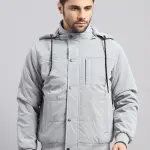 Men d Grey Solid Hooded Full Sleeve Jacket