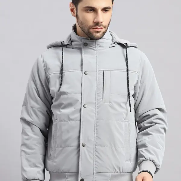 Men d Grey Solid Hooded Full Sleeve Jacket