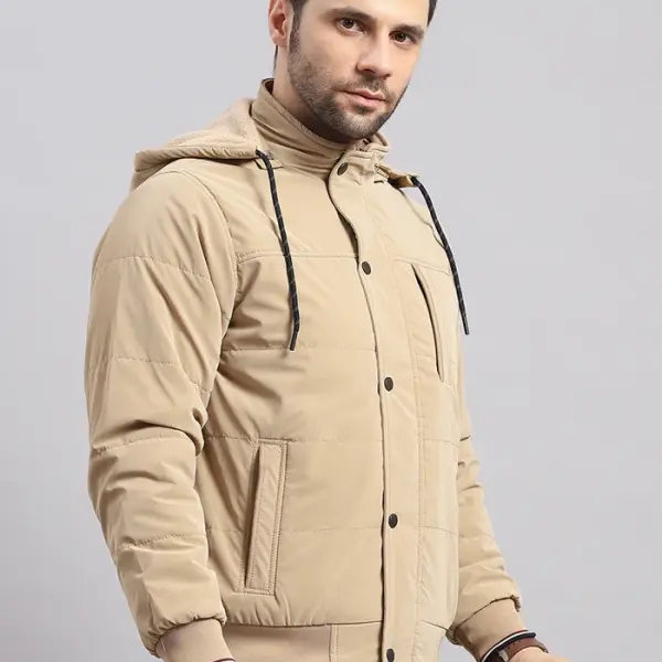 Men Khaki Solid Hooded Full Sleeve Jacket