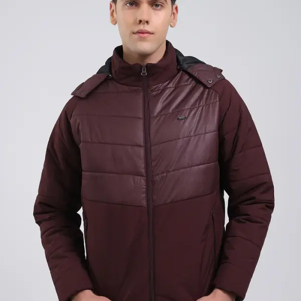 Men Burgundy Solid Hooded Full Sleeve Jacket