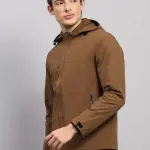 Men Tan Solid Hooded Full Sleeve Jacket