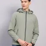 Men Cream Solid Hooded Full Sleeve Jacket