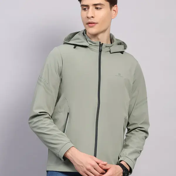 Men Cream Solid Hooded Full Sleeve Jacket