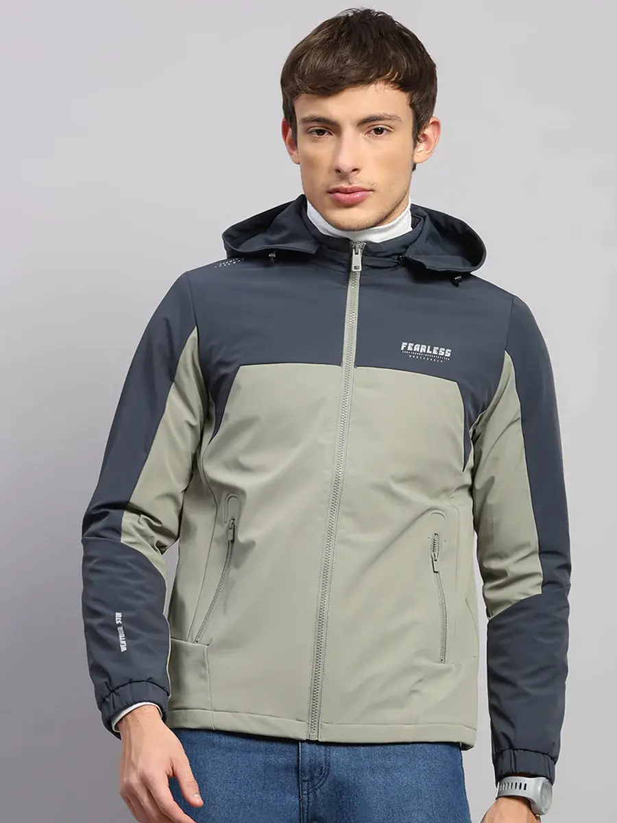 Men Blue Solid Hooded Full Sleeve Jacket