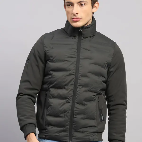 Men Olive Solid Mock Neck Full Sleeve Jacket