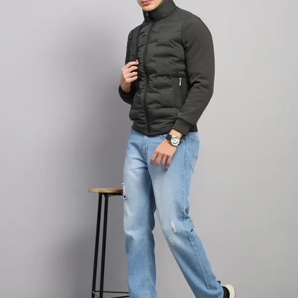 Men Olive Solid Mock Neck Full Sleeve Jacket
