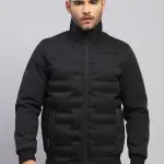 Men Black Solid Stand Collar Full Sleeve Jacket