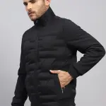 Men Black Solid Stand Collar Full Sleeve Jacket