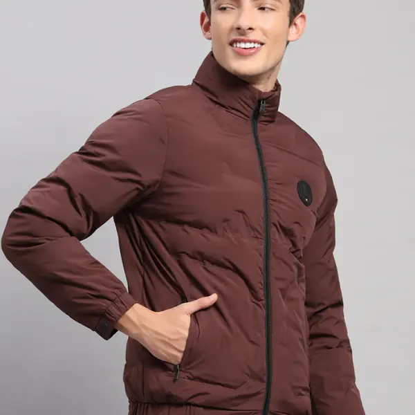 Men Burgundy Solid Stand Collar Full Sleeve Jacket