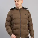 Men Brown Solid Hooded Full Sleeve Jacket