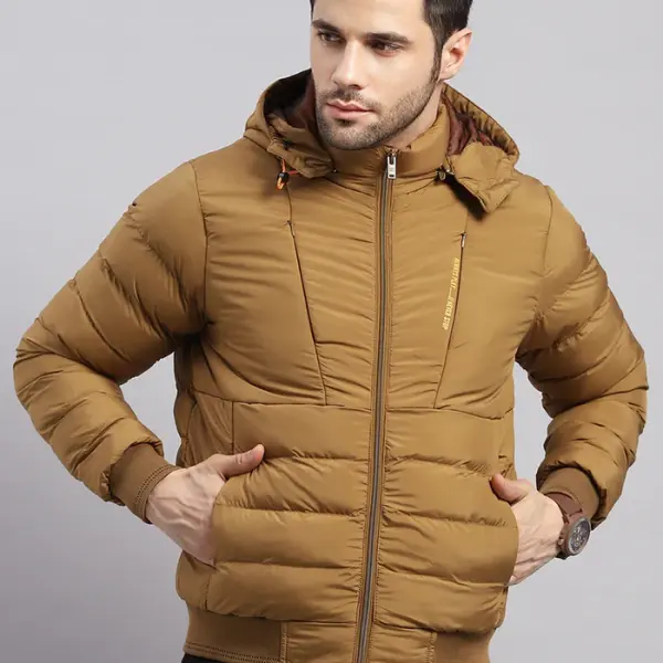 Men Khaki Solid Hooded Full Sleeve Jacket