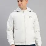 Men White Solid Hooded Full Sleeve Jacket