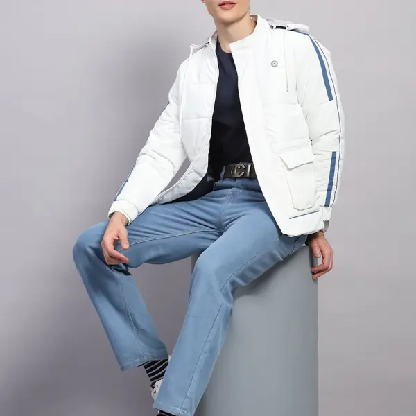 Men White Solid Hooded Full Sleeve Jacket