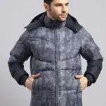 Men Charcoal Solid Hooded Full Sleeve Jacket