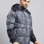 Men Charcoal Solid Hooded Full Sleeve Jacket
