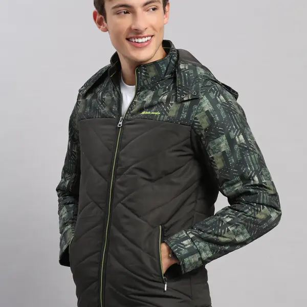 Men Olive Solid Hooded Full Sleeve Jacket