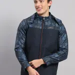 Men Navy Blue Solid Hooded Full Sleeve Jacket