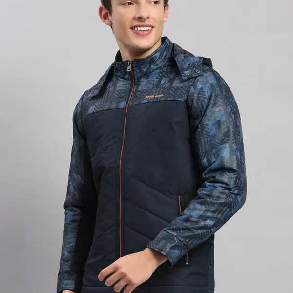 Men Navy Blue Solid Hooded Full Sleeve Jacket