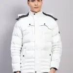 Men White Solid Hooded Full Sleeve Jacket