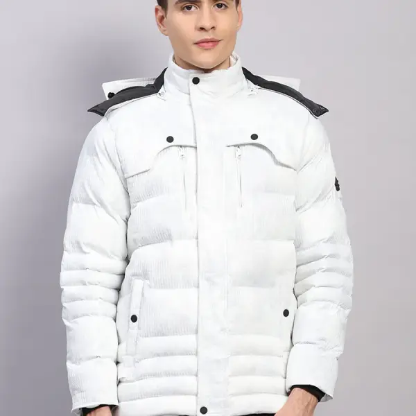 Men White Solid Hooded Full Sleeve Jacket