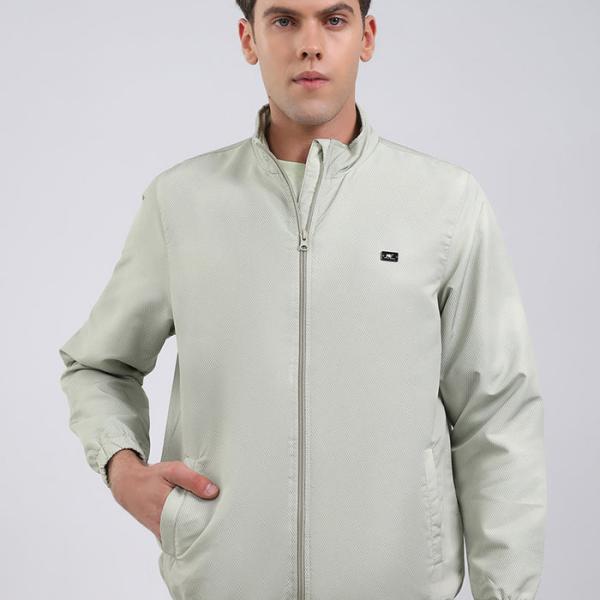 Men Green Solid Stand Collar Full Sleeve Jacket