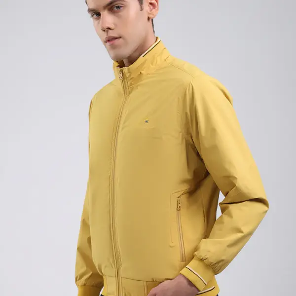 Men Yellow Solid Stand Collar Full Sleeve Jacket