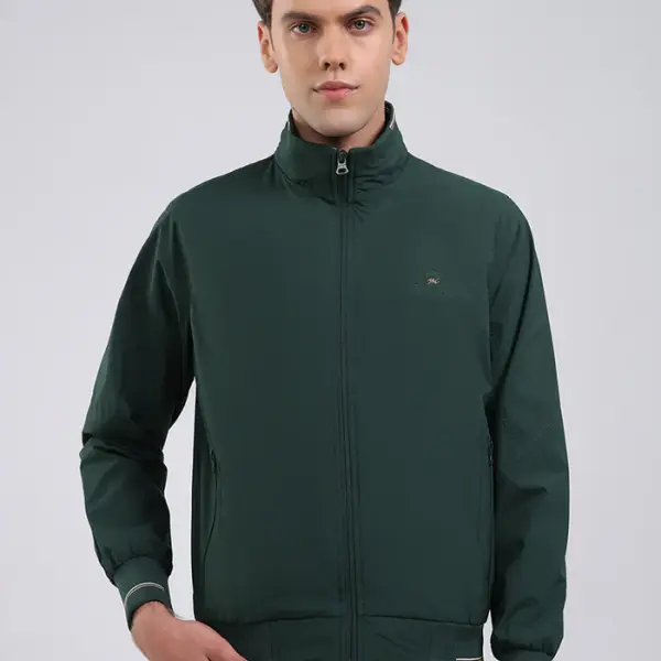 Men Green Solid Stand Collar Full Sleeve Jacket