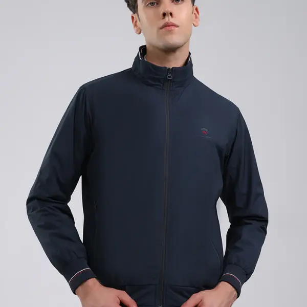 Men Navy Blue Solid Stand Collar Full Sleeve Jacket