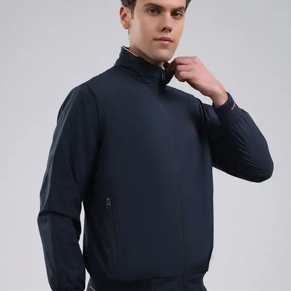 Men Navy Blue Solid Stand Collar Full Sleeve Jacket