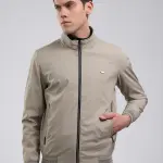 Men Beige Solid Stand Collar Full Sleeve Jacket